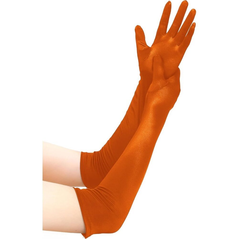 Women's Smooth Orange Long Satin Gloves Elbow Length Party Costume Accessory